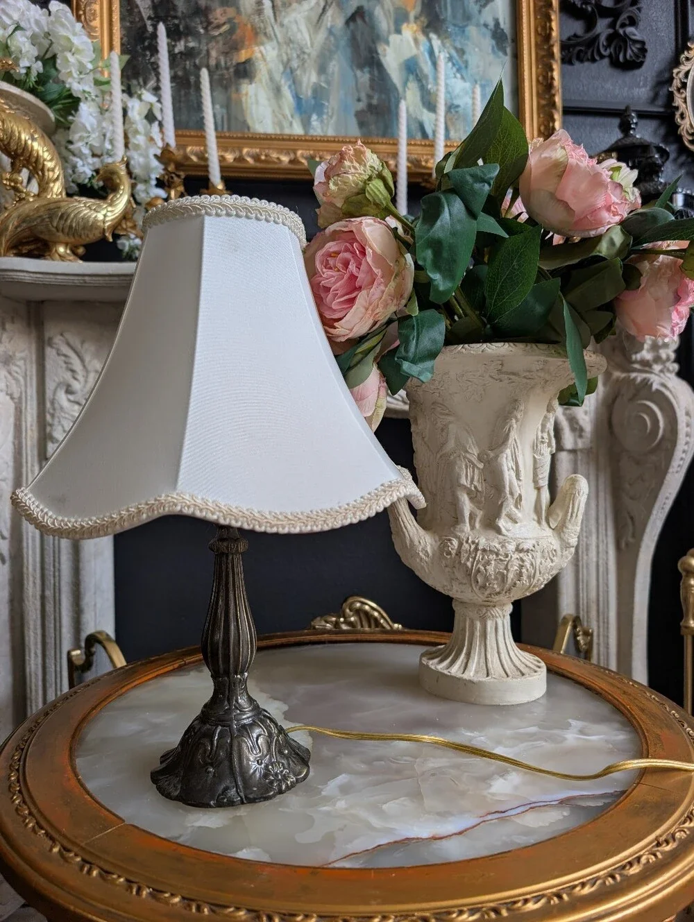 Vintage Small Cast Metal Bronze Color Ornate Tiffany table lamp w/ Cream Shades